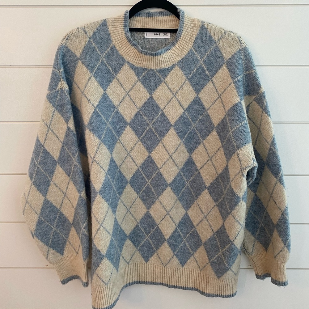 Mango Blue and Cream Argyle Crewneck Sweater